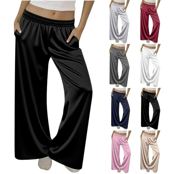 Olyvenn Women's Silk Satin Pajama Pants Soft Long Lounge Pants Elastic Waist Trousers Casual Sleepwear Pj Bottoms with Pockets Black XL
