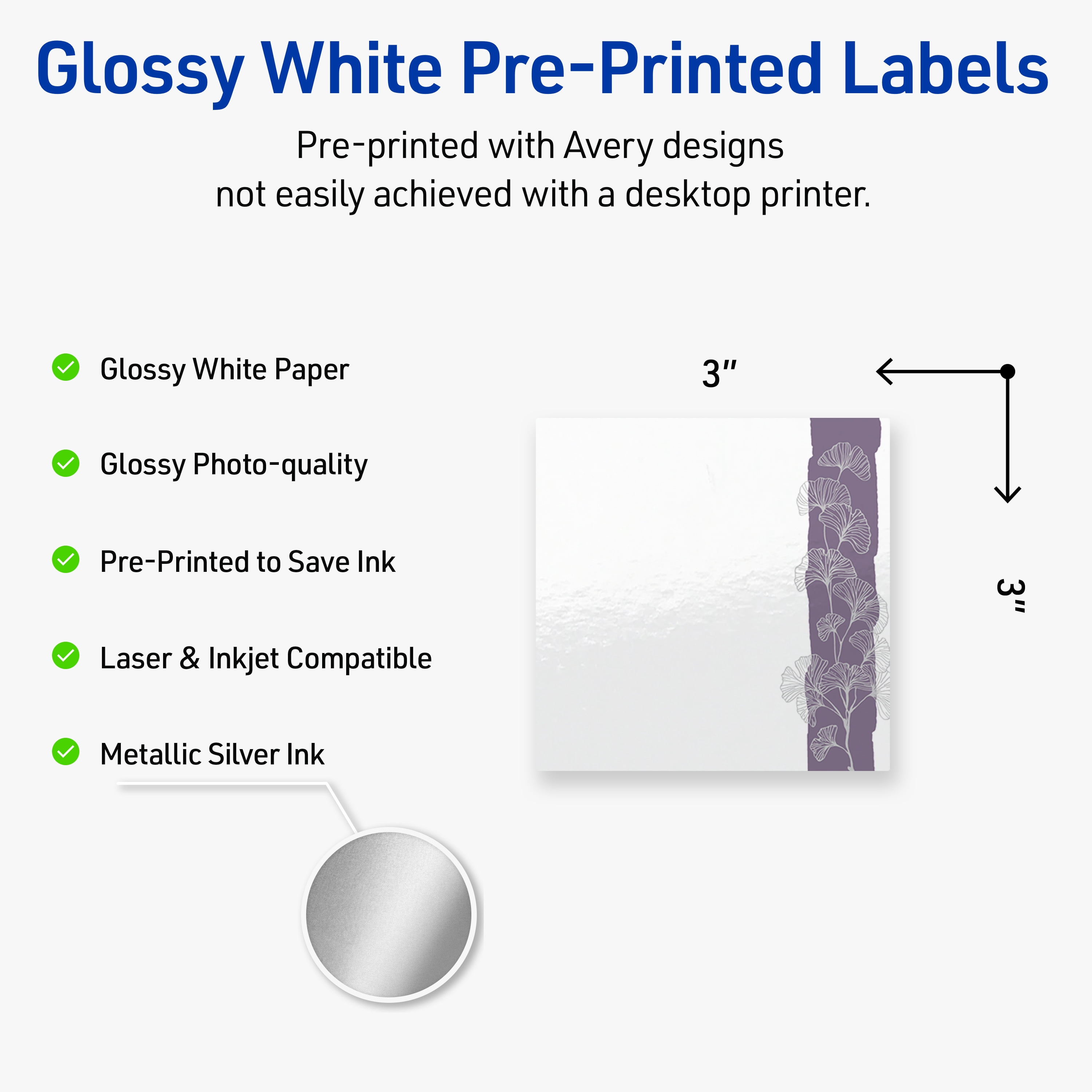 Avery Square Labels, Floral Design, 3" x 3", 60ct, Glossy, Purple and Silver Gingko Leaves