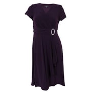 R & M Richards Short-Sleeve Faux-Wrap Dress, Plum, 16
