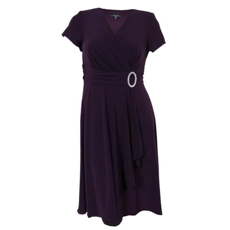 R & M Richards Short-Sleeve Faux-Wrap Dress, Plum, 16