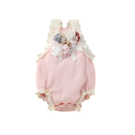 

Pudcoco Lace Trim Sweet Romper for Infant Girls Shoulder Straps 3D Flower Jumpsuit