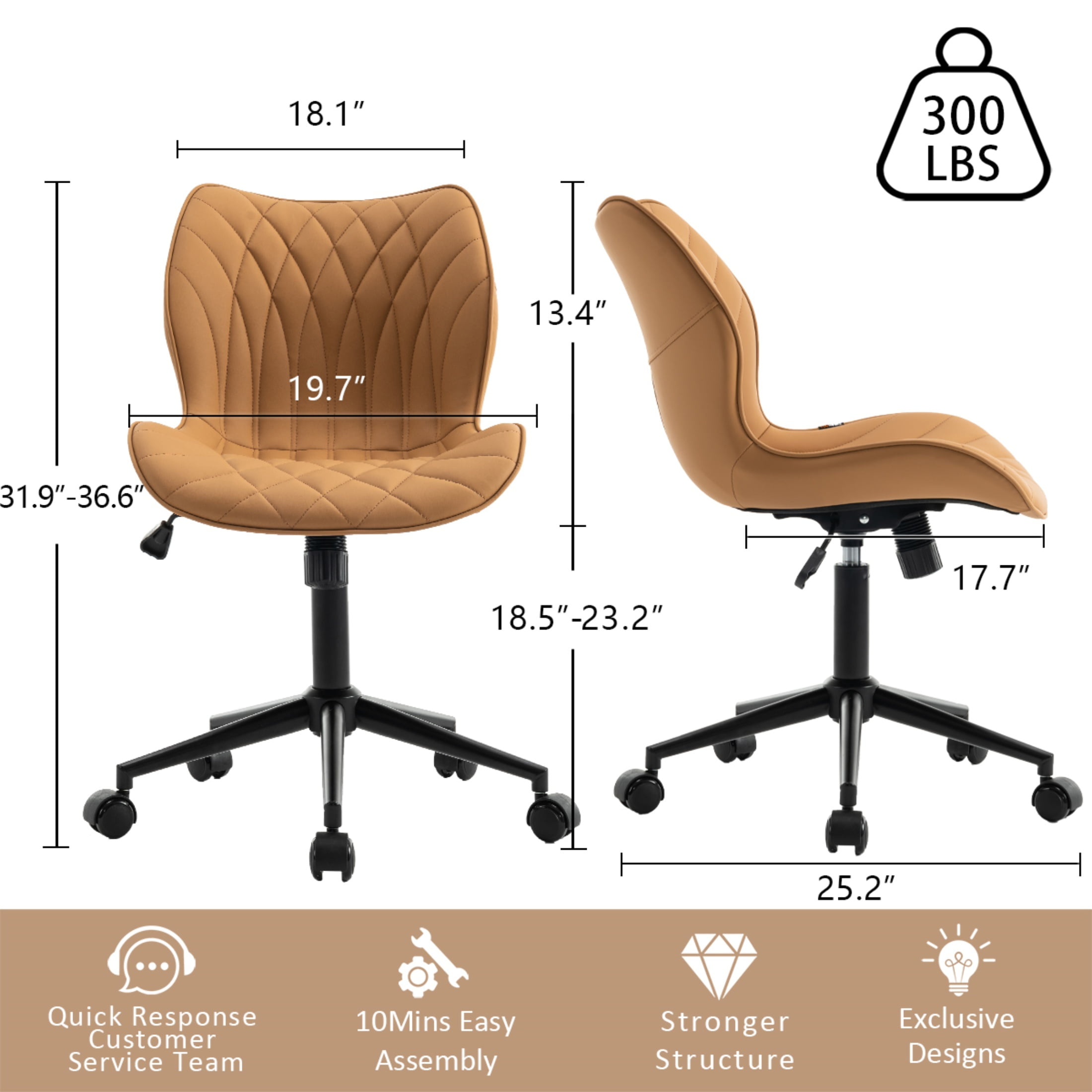 Kidol & Shellder PU Leather Desk Chair, Adjustable Swivel Office Chair, Upholstered Modern Task Chair with Wheels, Ergonomic Swivel Chair, High Back Chair, Camel