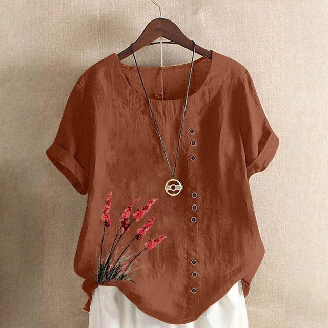 Lydiaunistar Blouse T-Shirt à Manches Courtes Imprimée Décontractée pour Femmes Grande Taille, Lin Coupe Ample pour Travail Quotidien Vacances Mode Café