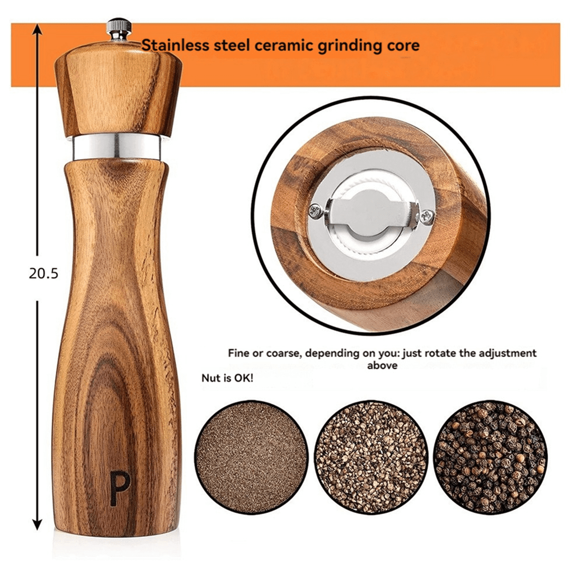Wooden Salt and Pepper Grinder Set Pepper Grinder Manual,Adjustable Coarseness,with Salt&Pepper Mill Tray,Spoon