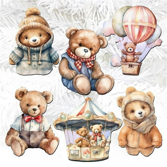 2 x 2 x 0.25 in. Teddy Bear Decorative Wooden Clip-on Ornaments Christmas Decor, Set of 6
