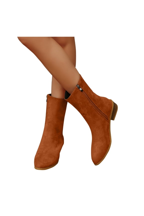 Women Mid Calf Boots Pointed Toe Chunk Flock Solid Color Boot Fashion Elegant Comfortable Booties Orange 42