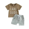 thumbnail image 1 of xiaxaixu Bambin Garçons Tenue d'Été Ensembles Manches Courtes Tops Lettre Imprimée + Couleur Unie Cordon Shorts, 1 of 9
