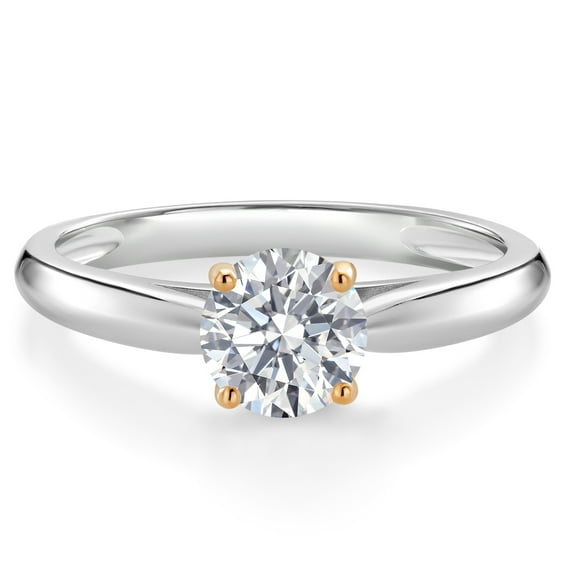 Gem Stone King 925 Silver and 10K Yellow Gold Lab Grown Diamond Solitaire Engagement Ring for Women | 0.74 Cttw | Round 6MM | DEF Color | VVS-VS Clarity (Size 6)