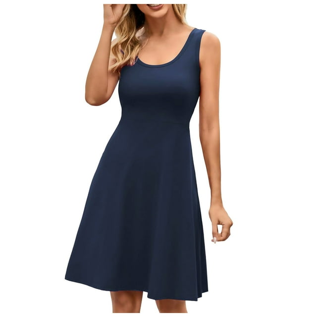 Vestido sin mangas de verano con cuello redondo y corte acampanado para mujer - Informal para la playa o fiestas - Tallas S-XL