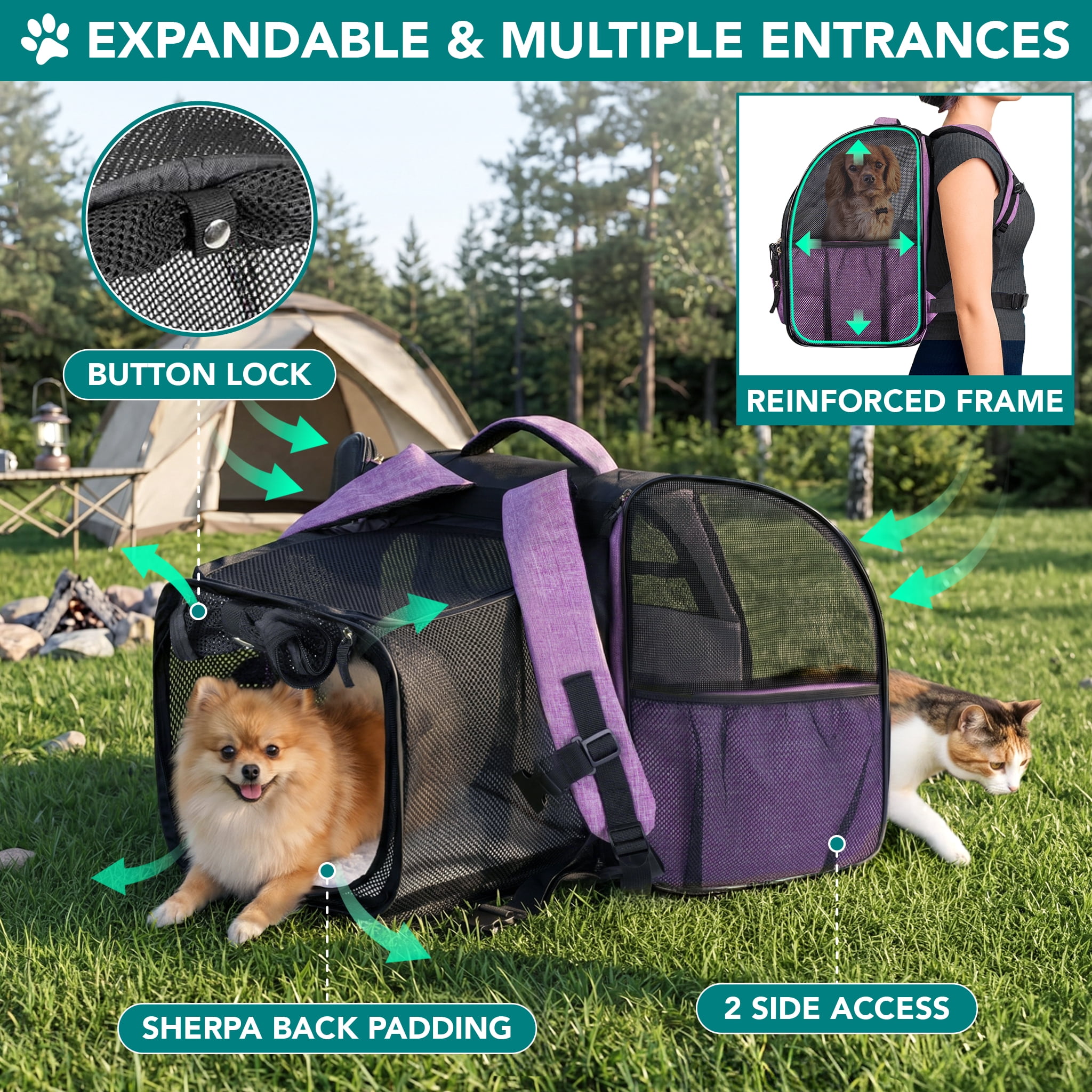 PetAmi Expandable Dog Backpack Carrier for Cats & Pets, Breathable Cat Carrier Backpack with Top Window & Multi-Entry, Ventilated Foldable Travel Carrier for Small Medium Pets up to 18 lbs, Purple