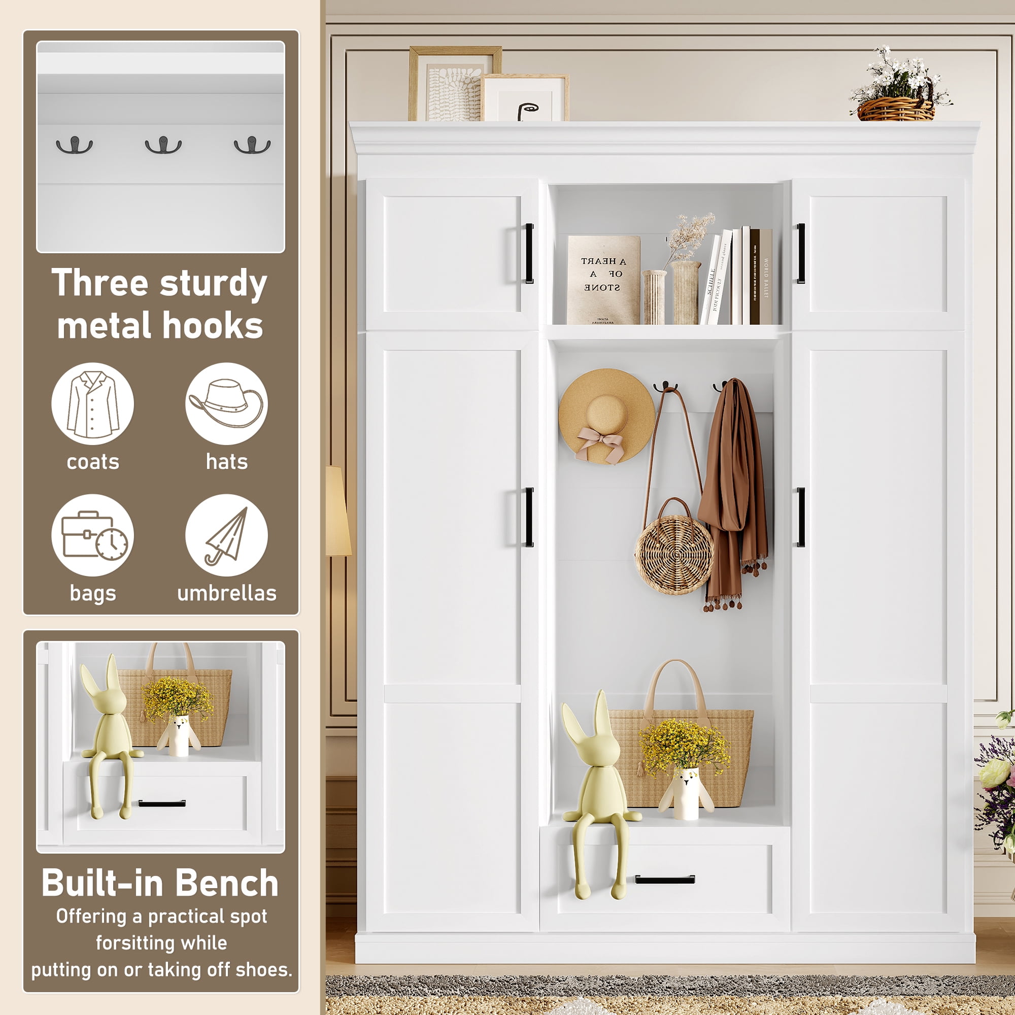 Euroco Modern Large Hall Tree with Hooks, Cabinets, Adjustable Shelves, and Seating Bench