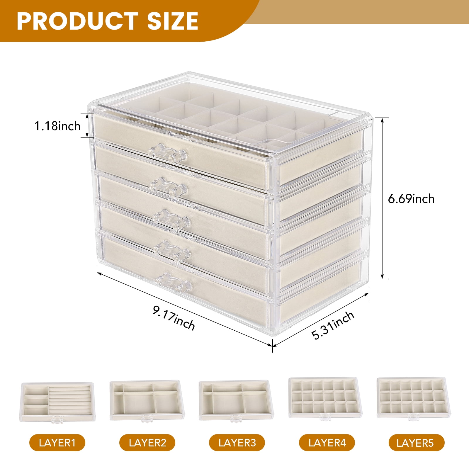 Acrylic Jewelry Box with 5 Drawers, Clear Rings Earring Organizer Display Case Necklaces Holder Tray for Women Girls (Beige)