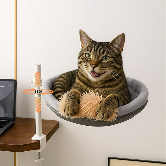 All Season Cat Perch with Catnip Pillow, Cat Desk Bed with 360° Rotation & Height Adjustment, 40LBS Capacity – Summer & Winter Washable & Removable Nests