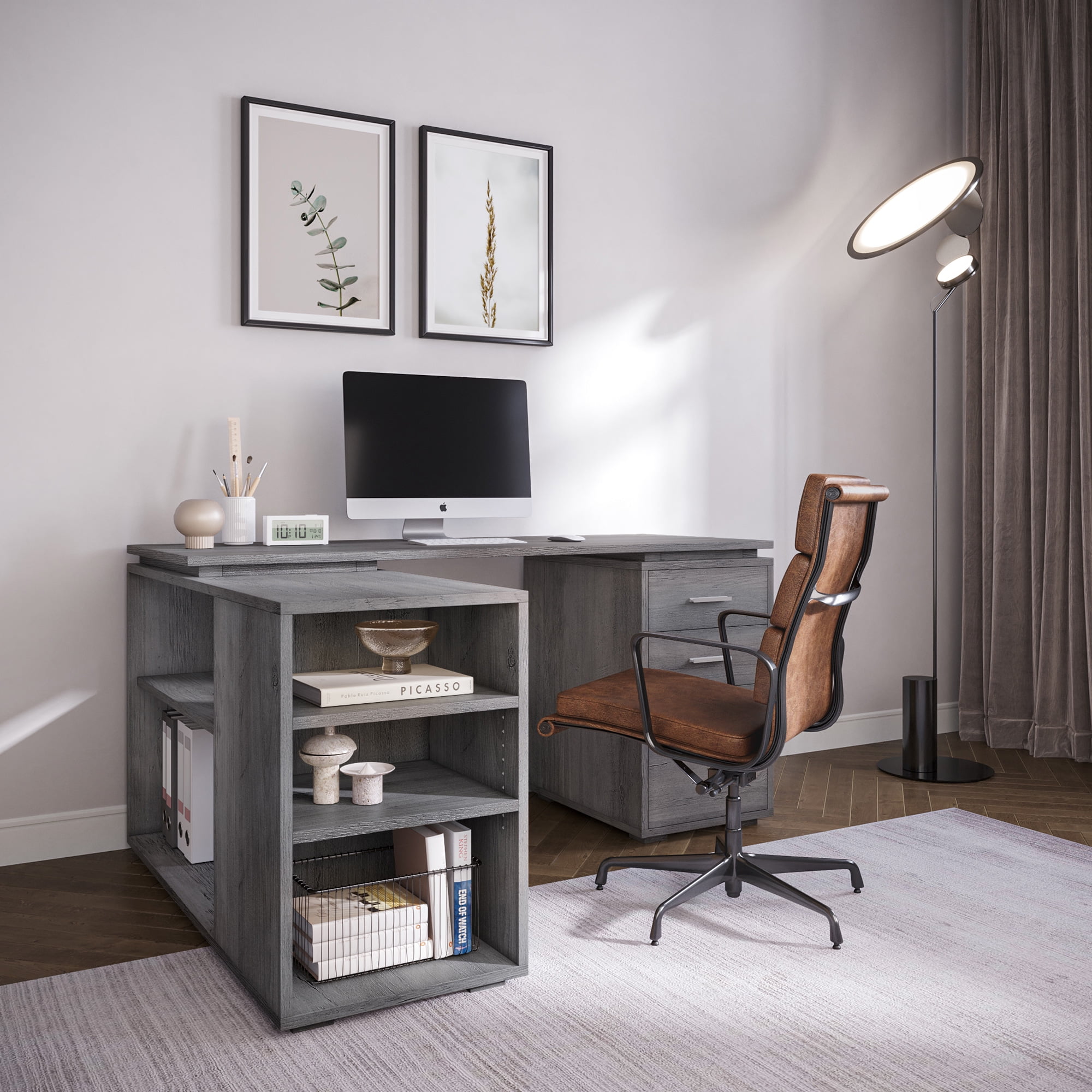 BELLEZE Trition L Shaped Computer Desk Home Office Corner Desk With Open Shelves And Drawers, Gray Wash