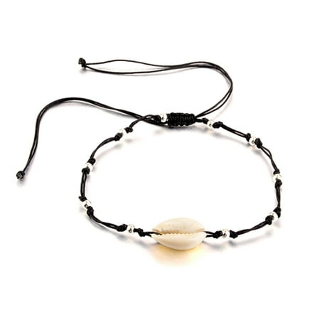 Fancyleo Black Rope Simple Handmade Silver Beads Charm Shells Beach Ankle Bracelets For