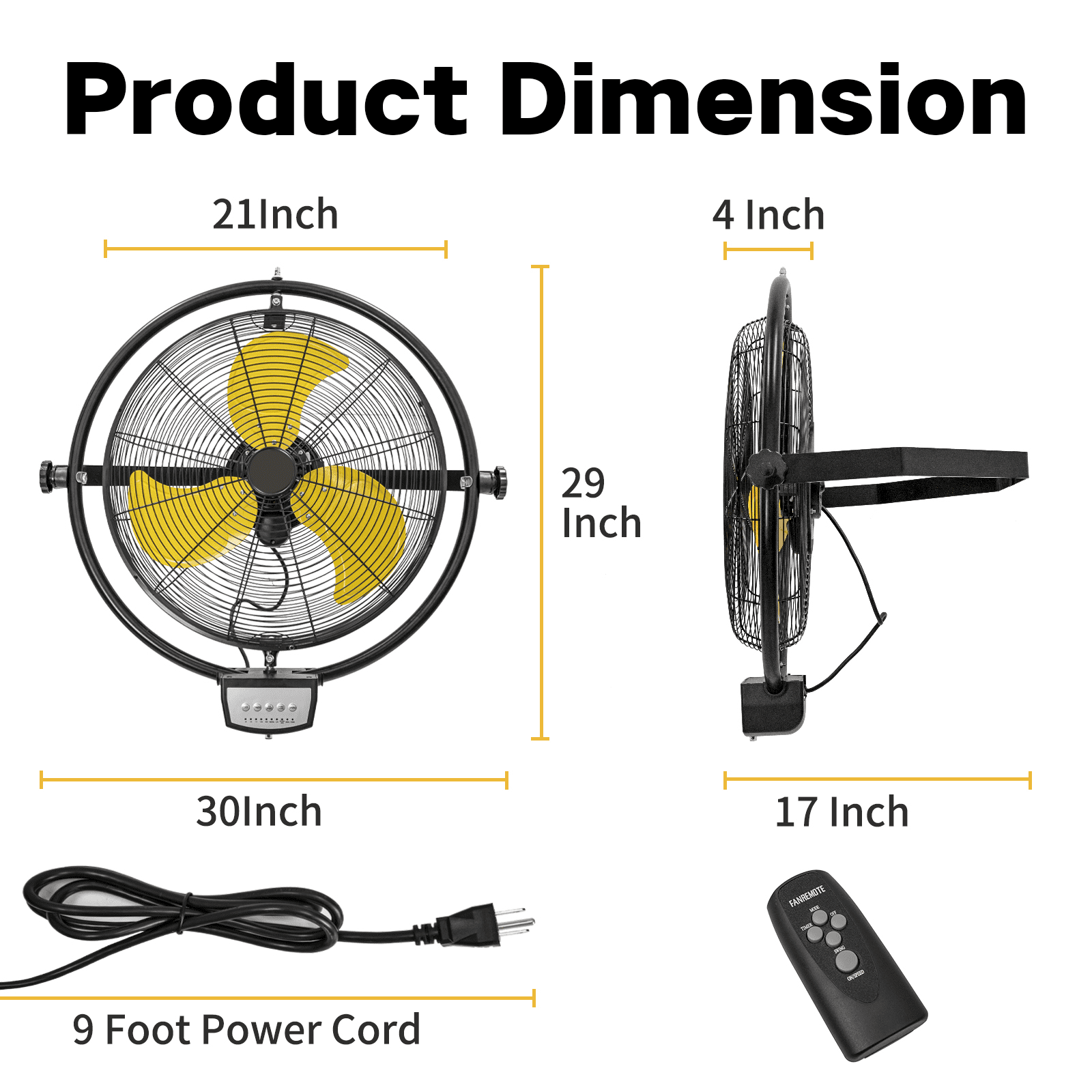 20 inch Wall Mount Fan Oscillating, 5000 CFM High Velocity Extended Remote and 9ft Power Cord, 3-Speed Industrial Wall Mounted Fan for Commercial, Greenhouse, Garage, Workshop, Gym