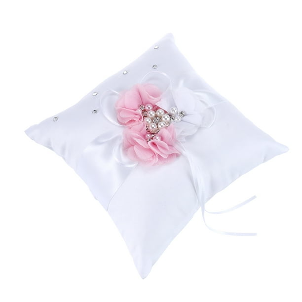 Cojín para anillos de boda de 20 x 20 cm con flores de perla (flor blanca y rosa)