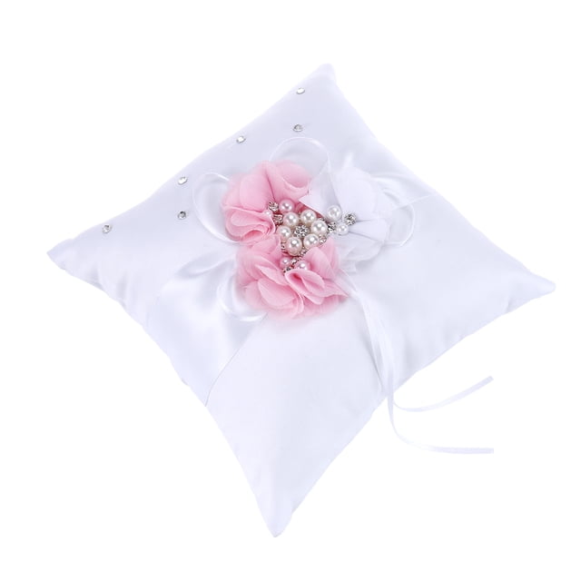 Miangastore 1Pack Wedding Ring Pillow Satin Ribbon Fake Pearl Square Graceful Design Ring Bearer