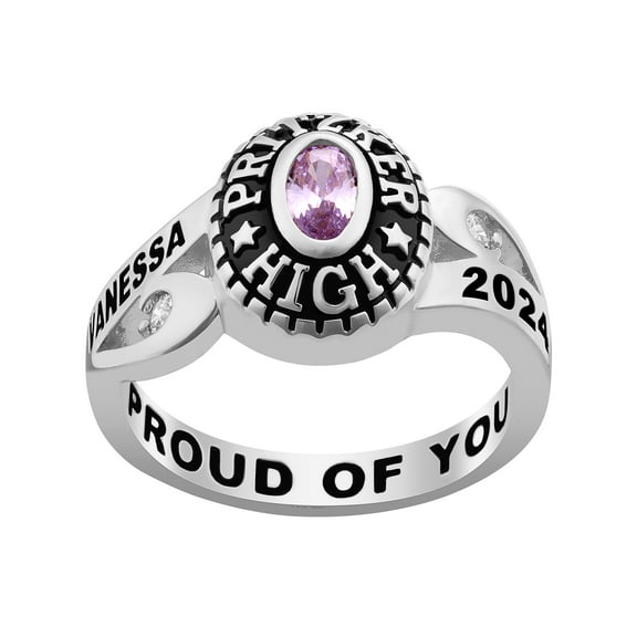 Order Now for 2025 Graduation, Freestyle Women's Rhodium Over Celebrium CZ Scroll Bypass Birthstone Class Ring, Personalized, High School or College