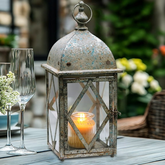 Rustic Metal Candle Lantern,Hurricane Lanterns With Clear Glass Panels, Farmhouse Candle Holders Christmas Decoration