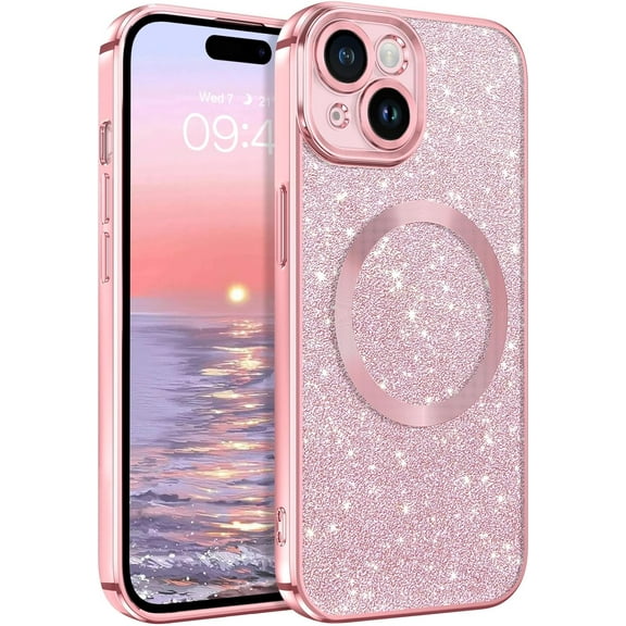 iPhone 15 Case,iPhone 15 Phone Case[Compatible with MagSafe][Car Mount Supported] Slim Thin Magnetic Plating Sparkle Soft TPU Shockproof Protective Phone Cover for iPhone 15 6.1", Glitter Pink