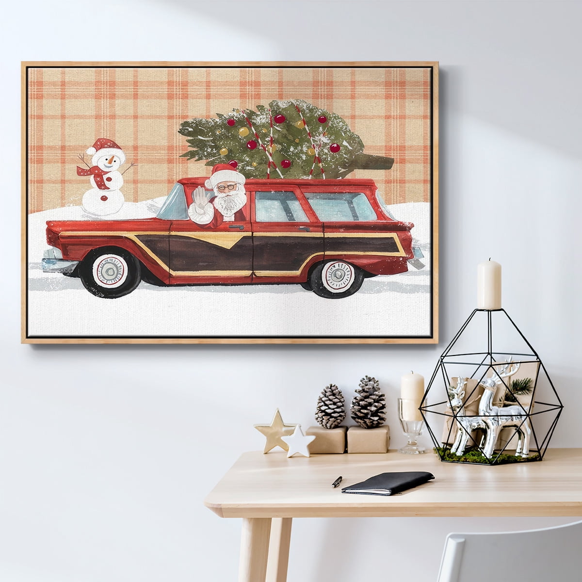 Santa on Wheels I - Framed Gallery Wrapped Holiday Canvas - 25 x 37 - Natural Wood Frame