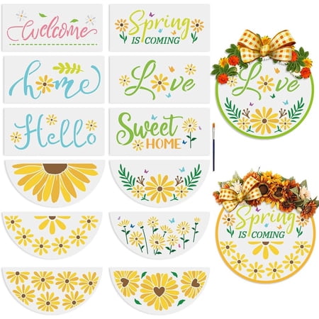 1 Set PET Hollow Out Drawing Painting Stencils with 1Pc Art Paint Brushes for DIY Scrapbook Photo Album Flower 300x140mm 12pcs/set