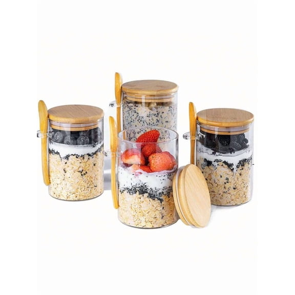 Overnight Oats Jars with Spoon and Lid, 16oz Glass Overnight Oats Containers 4 Pack with Bamboo Wooden Lids, Leak-Proof Meal Prep Breakfast Cup Set