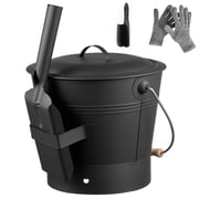KFFKFF Ash Bucket Set with Lid, Shovel, Broom, and Gloves, Metal Charcoal Container for Fireplace and Fire Pits, 2.6-Gallon Capacity for Indoor and Outdoor Use
