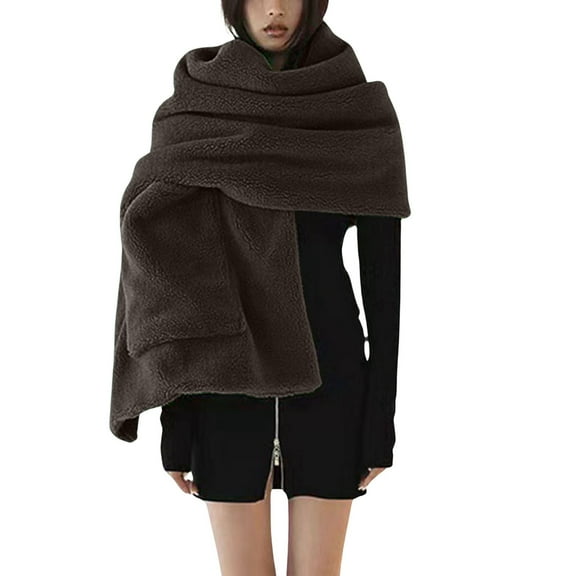 Ediodpoh Ladies Fashion Casual One Large Pocket Lamb Wool Warm Shawl Scarf for Outdoor and Home Use Coffee