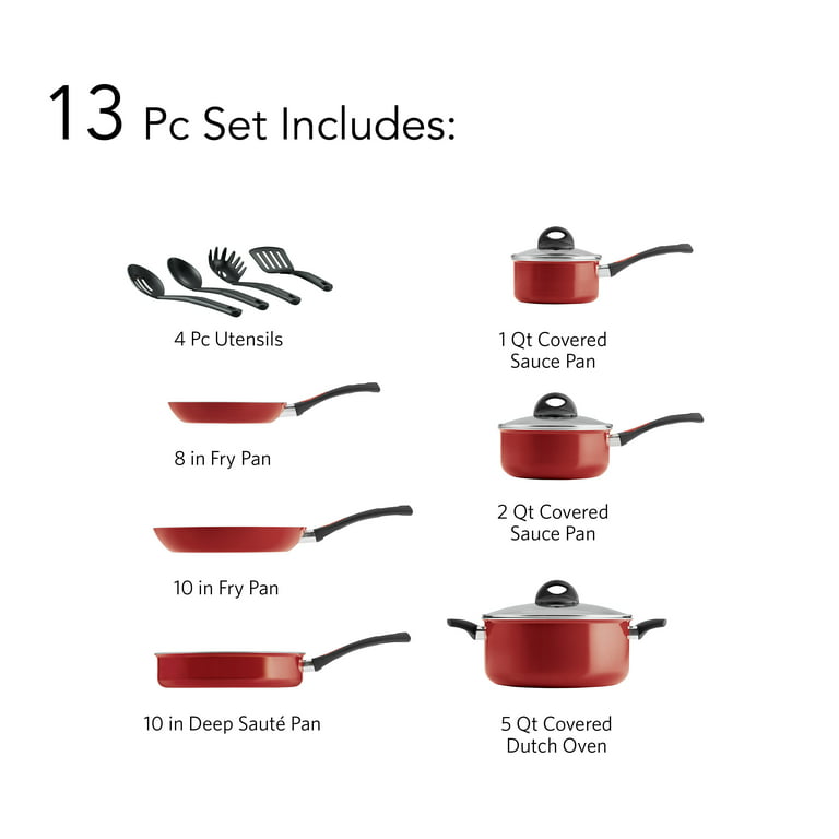 Non Stick Cookware Set - Red Carbon Steel 8 Pcs Stock Pot Utensils