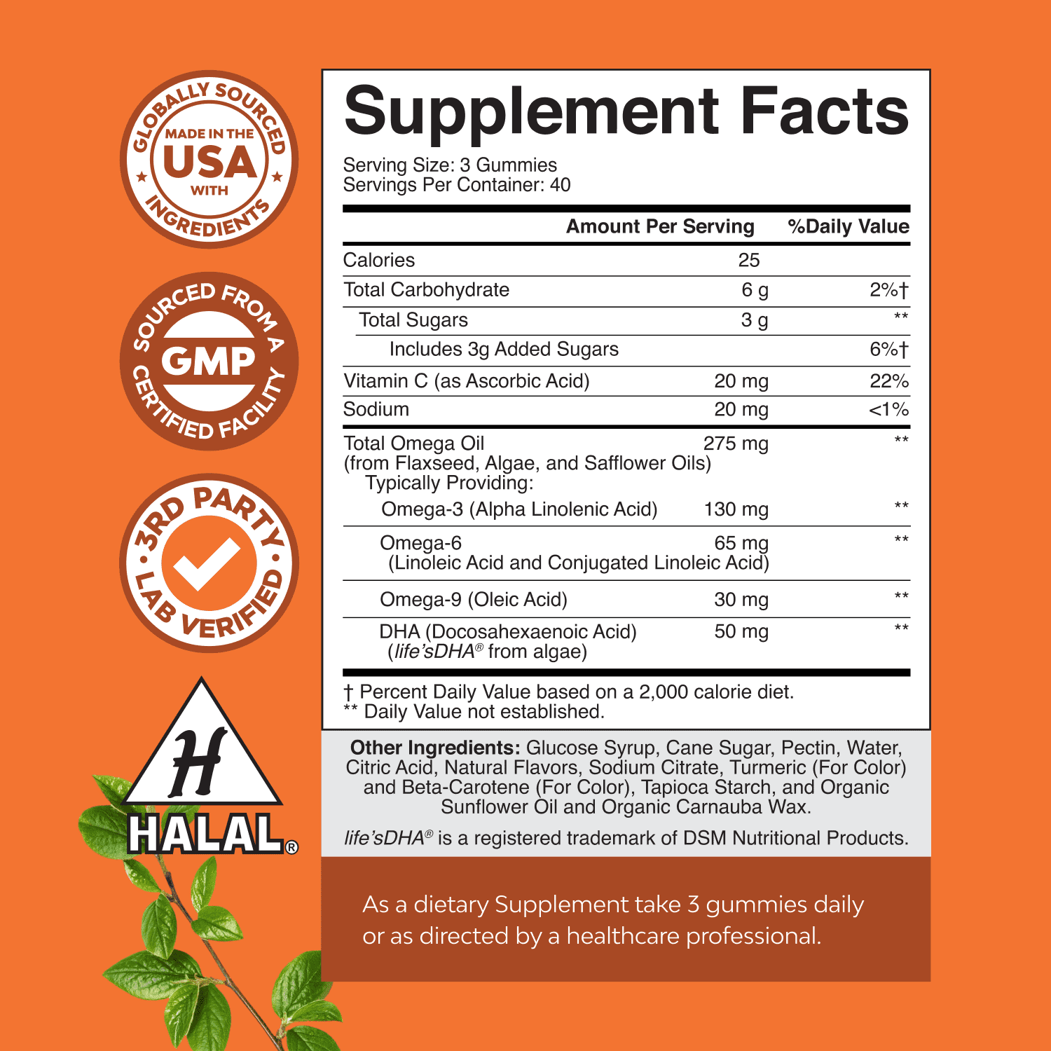 Natures Craft Omega 3 Gummies Plant-Based 3 6 9 DHA – Lemon & Orange Flavors, 120 Count
