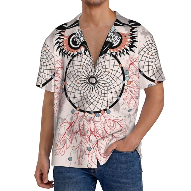 Balery Dreamcatcher With Owl Camisa Casual de Manga Corta con Botones para Hombre, Texturizada, Estilo Cubano, para Playa, Verano-3X-Large