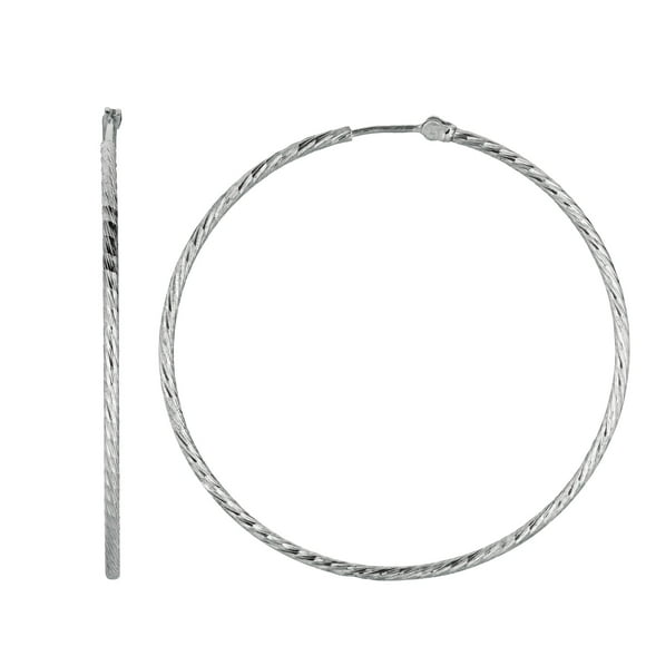 Sterling Silver Rhodium Finish Diamond-cut Hoop Earrings - 47 x 2 Mm