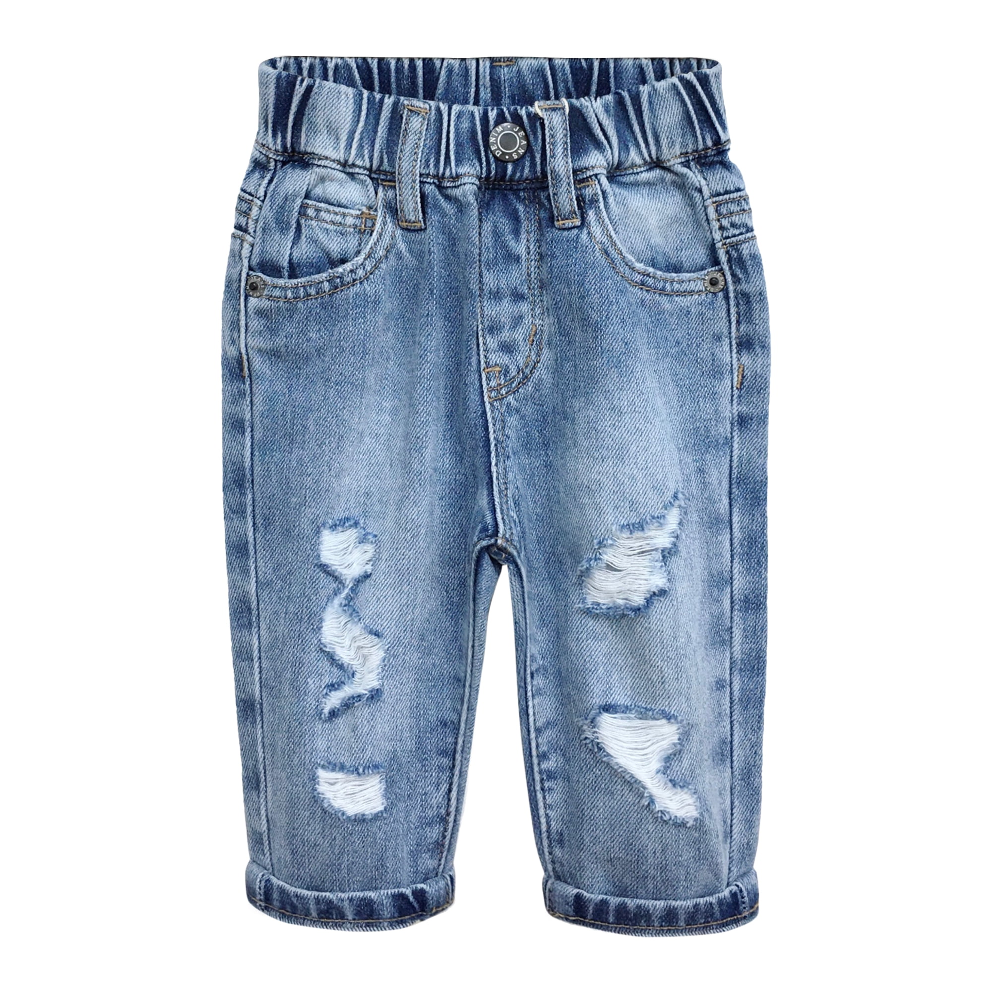 KIDSCOOL SPACE Infant Jeans Baby Toddler Elastic Waist with D ring Ripped Denim Pants Light Blue 18 24 Months