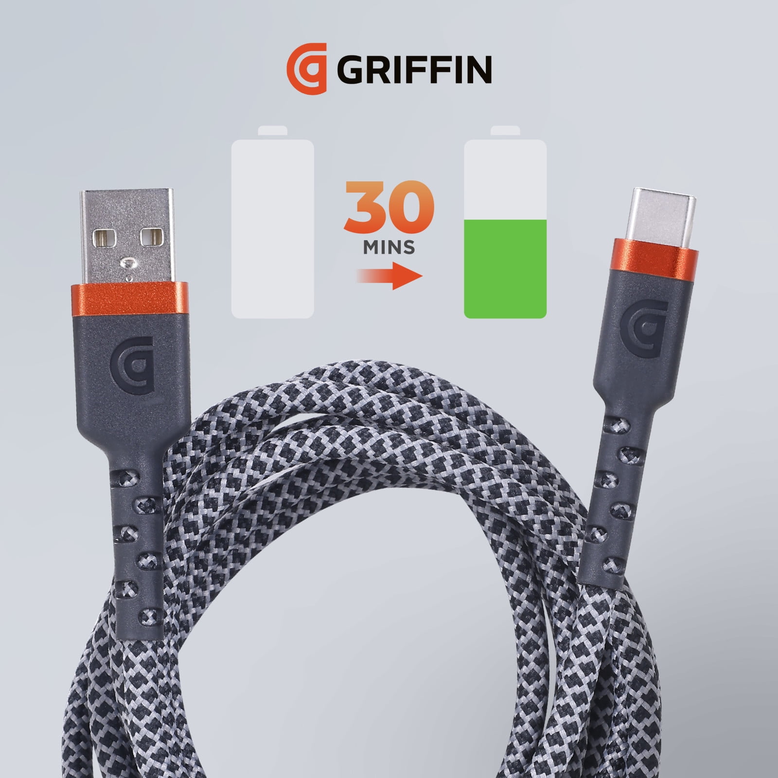Griffin 6ft Ultra Durable USB-C Type High-Speed Charging Cable – Fast Charging, 30,000 Bends Strong, Compatible with Android, iPhone 15 & 16, Tablets, USB-C Device, USB-A to USB-C Charge & Sync Cable