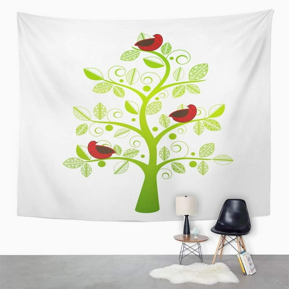 POGLIP Green Family Birds in Tree Red Partridge Dove Whimsical Wall Art Hanging Tapestry Home Decor for Living Room Bedroom Dorm 51x60 inch