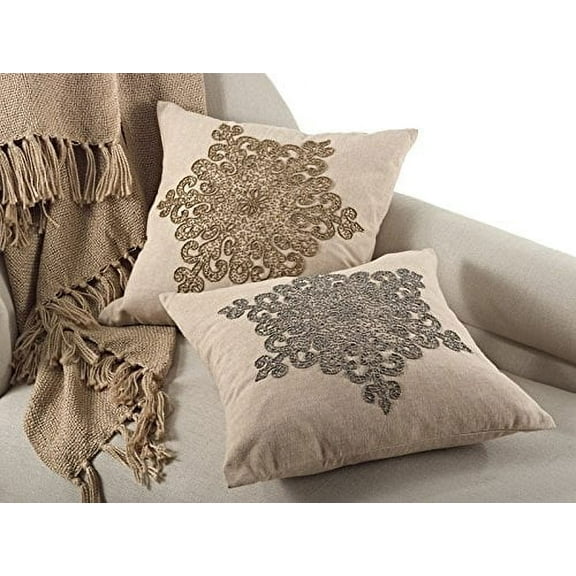 Snowflake Design 18-inch Feather Filled Beaded Throw Pillow (Bronze)