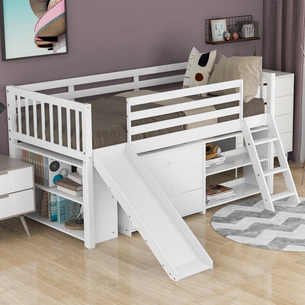 Twin Bed Frame, Loft Bunk Bed with Slide Stair and Storage Shelf