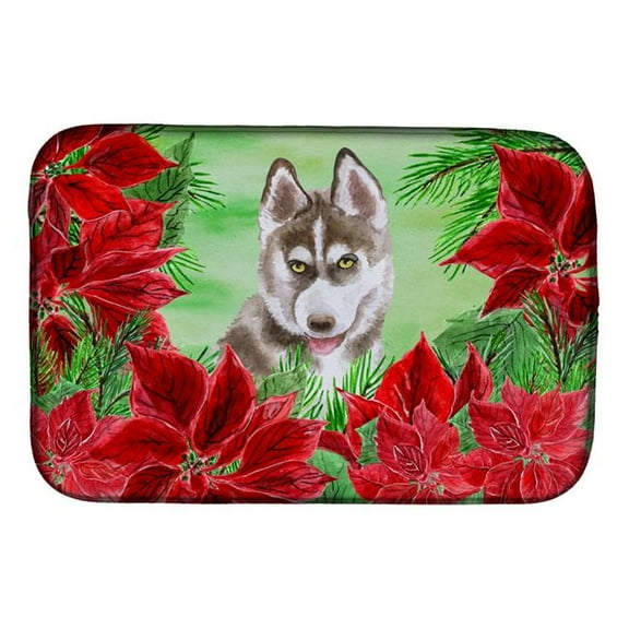 Siberian Husky Grey Poinsettas Dish Drying Mat