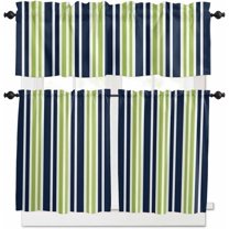 Navy Blue Grey Striped Kitchen Curtains, Modern Minimalist Ombre Lines 3-Piece Kitchen Curtain Valance and Tiers Set 36 Inch Length, Rod Pocket Half Window Curtains for Cafe Living Room Bathroom