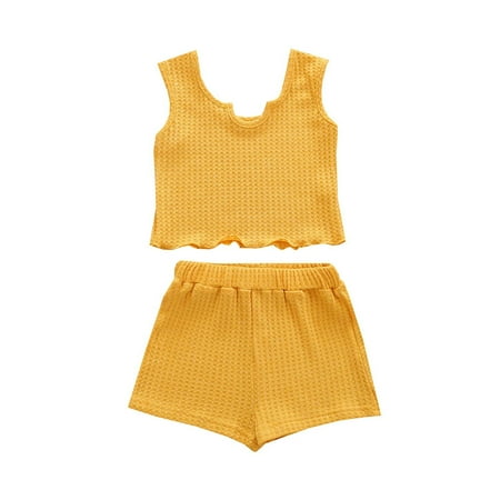 

Fesfesfes Summer Girl Sports Solid Color Suit Girls Sleeveless Vest Shorts Suit