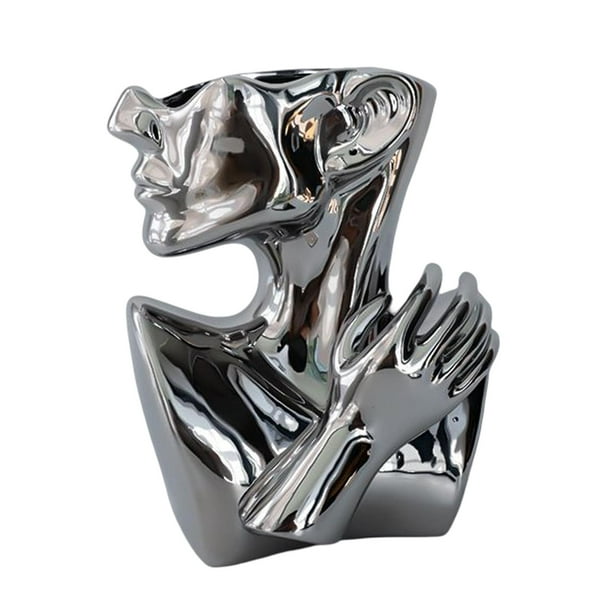 Jarrón con forma de cabeza con estilo, escultura artística, creativa para plantar, para mujeres y niñas, decoración de de noche Plata Gloria Florero en forma de cabeza