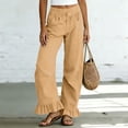 thumbnail image 4 of hlysgo Wide Leg Linen Pants for Women High Waisted Ruffle Hem Palazzo Pants Boho Summer Casual Loose Flowy Pant Trousers with Pockets Khaki,2xL, 4 of 5