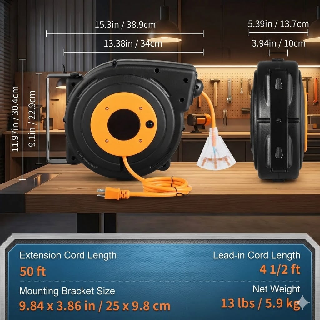 50ft Heavy Duty Retractable Power Cord Reel With 180 Degree Swivel Bracket,14AWG Durable Extension Cord Reel With Lighted Outlet For Mounting Ceiling or Wall Mount
