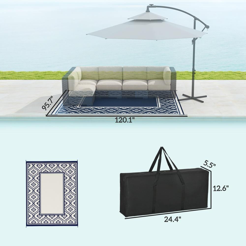 8' x 10' Blue & White Gourd Border Reversible Outdoor Patio Rug, Waterproof Plastic Straw RV Camping Mat with Carry Bag, Foldable Fade Resistant Rug