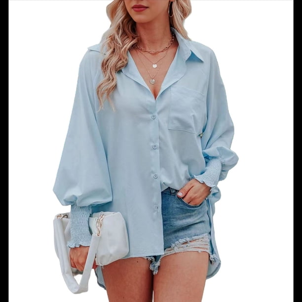 Camisas de Rayas con Botones para Mujer, Cuello Abullonado, Larga, Blusas Fruncidas Extragrandes con Bolsillo. Azul 5XL