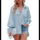 thumbnail image 1 of Camisas de Rayas con Botones para Mujer, Cuello Abullonado, Larga, Blusas Fruncidas Extragrandes con Bolsillo. Azul 5XL, 1 of 10