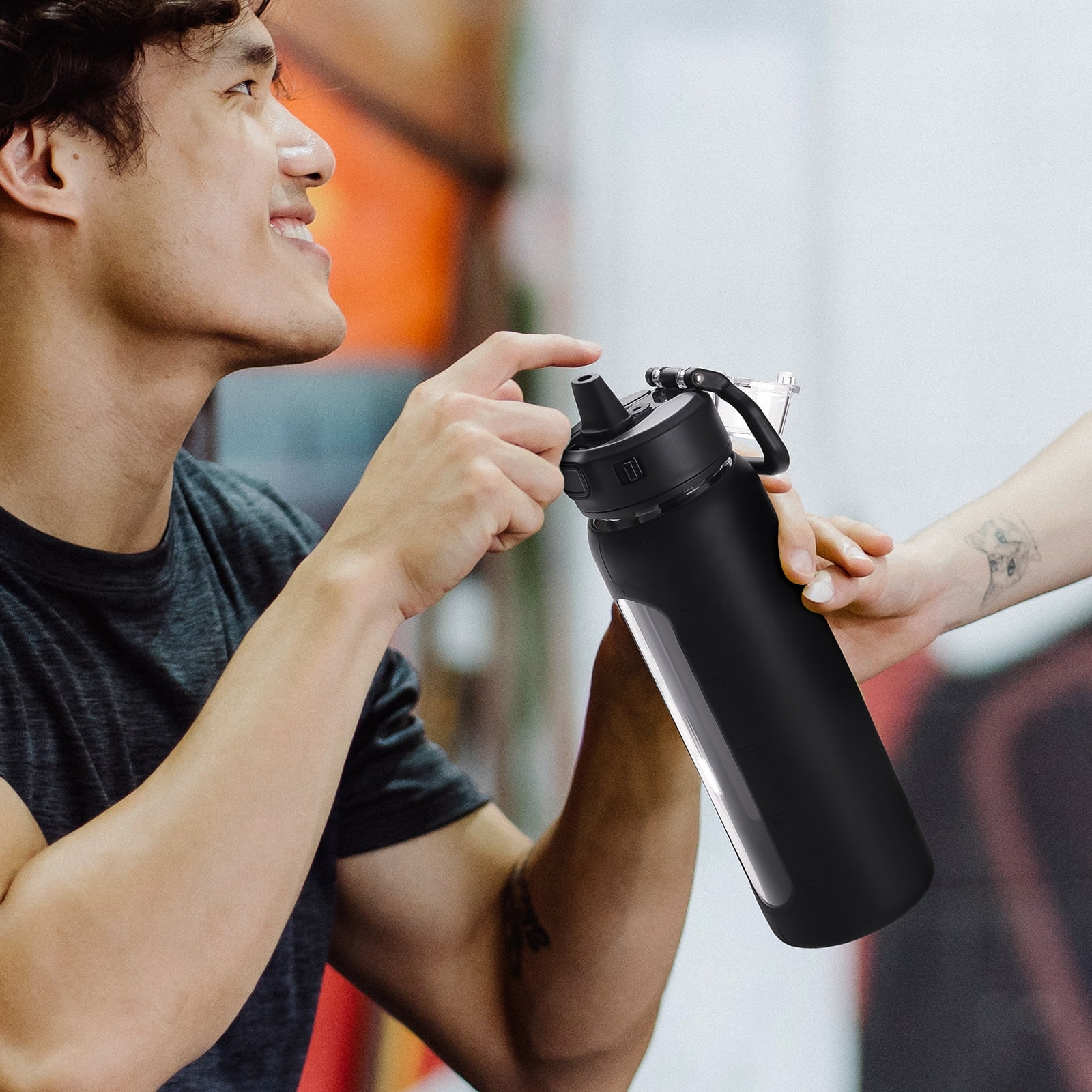 MUKOKO Water Bottle, 24oz Glass Drinking Bottle with Straw, Motivational Water Bottle with Leak Proof Locking Lid , Travel Sports Water Jug with Water Marker, Black