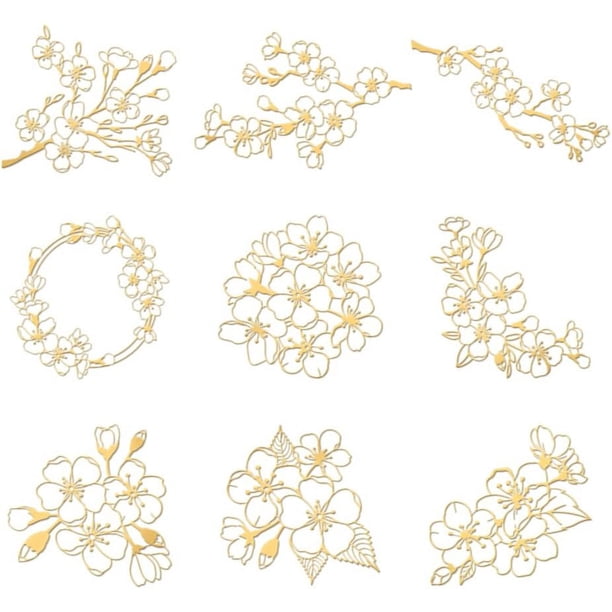 9 pegatinas metálicas autoadhesivas de 1,6 x 1,6 pulgadas con diseño de flor de cerezo, color dorado y dorado.